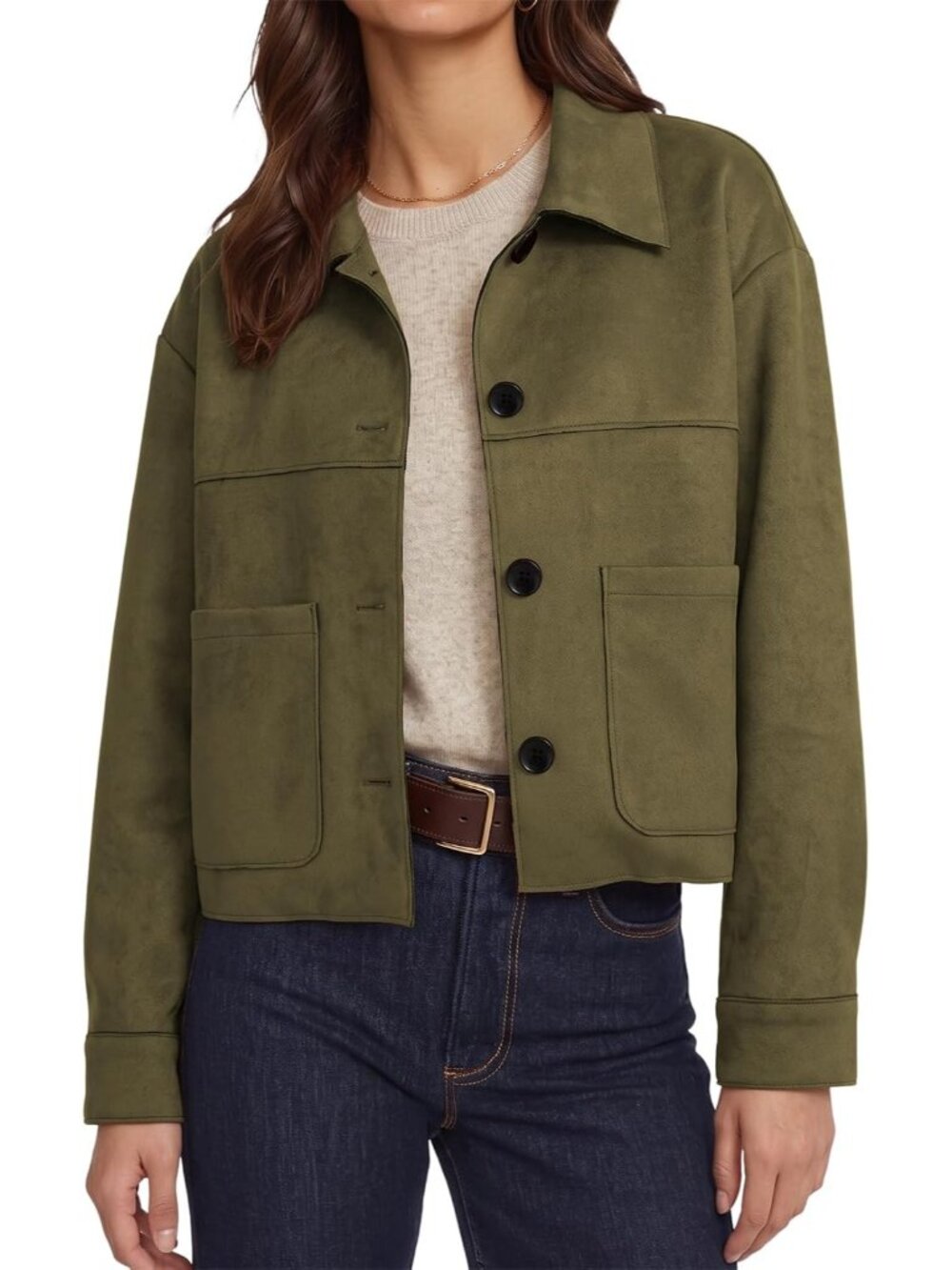 Women Vineyard Green Button Down Faux Suede Cropped Collar Shacket Bomber Jacket